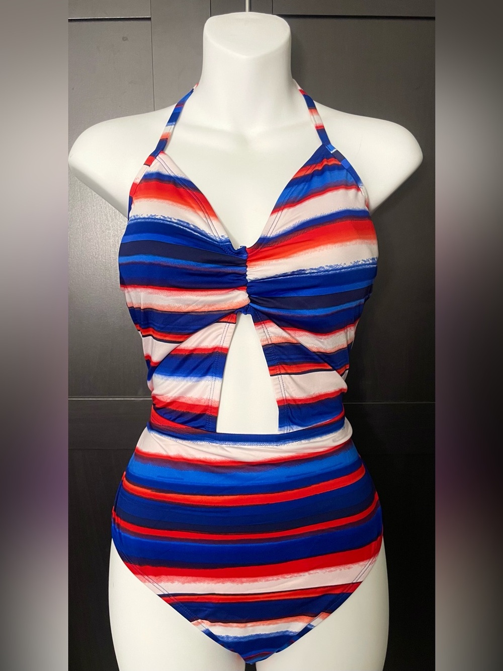 Clearwater ~ Striped Halter One-Piece Swimsuit in Orange, White & Blue! NWOT XL